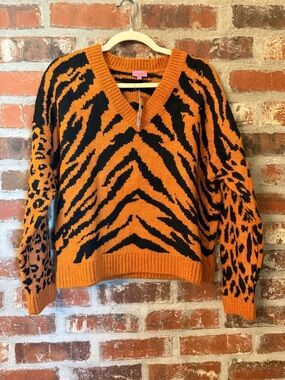 S46 - Francesca's Collections Orange and Black Animal-Print V-Neck Sweater